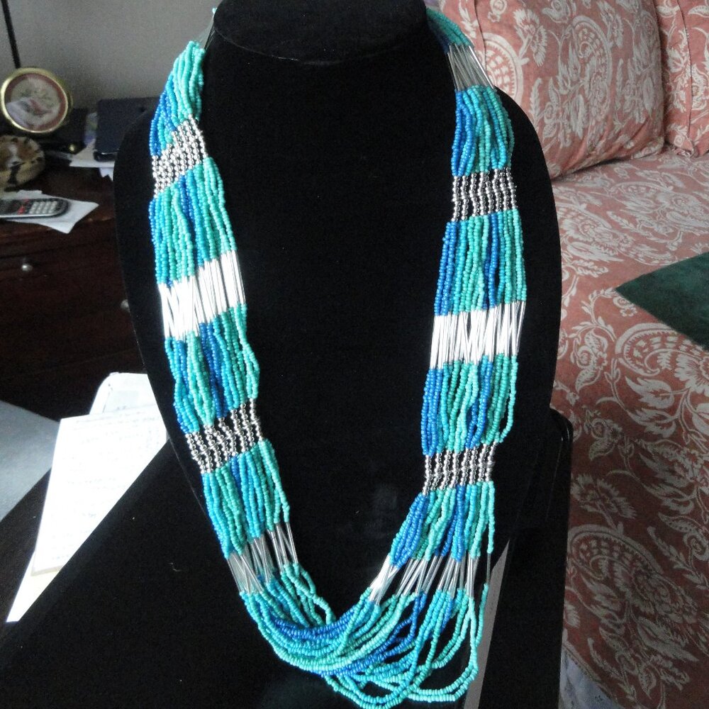 Multi Strand Bead Multi Color of Blue - Silver -  Neckalace - 17' Long.